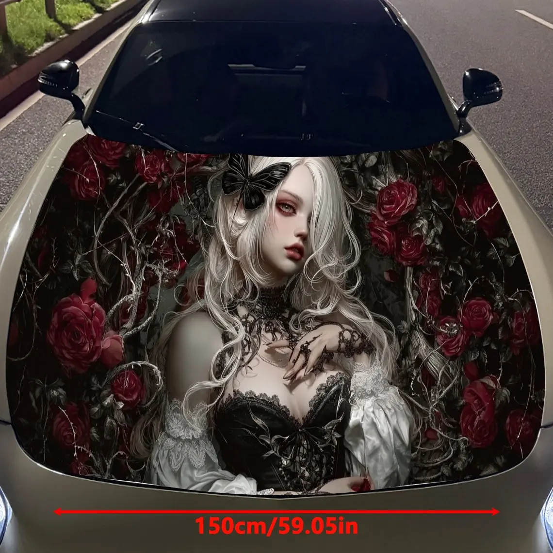 Retro Lace Beauty and Bloody Roses Car Vinyl Wrap, PVC Material Waterproof Car Hood Sticker, Self-Adhesive Scratch-Resistant Sti
