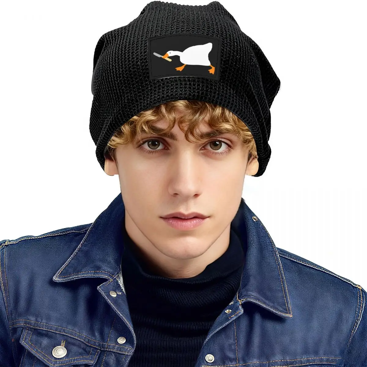 Goose With Knife - Peace Was Never An Option Waffle Knit Fleece Lined Beanie with PU Leather Patch Unisex Warm Winter Soft Cap