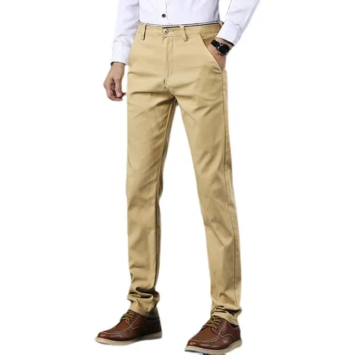 Imagen 2 del producto Pantalones informales finos de estilo clásico para hombre, pantalones de oficina de Color sólido de algodón a la moda para negocios, pantalones de alta calidad para primavera y verano