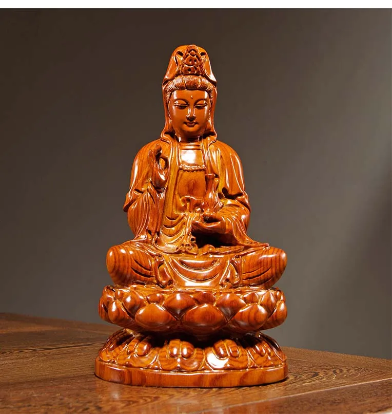 30CM Large GOOD HOME Family Spiritual efficacious Mascot sitting Guanyin buddha ROSE Wood Handmade carving art statue