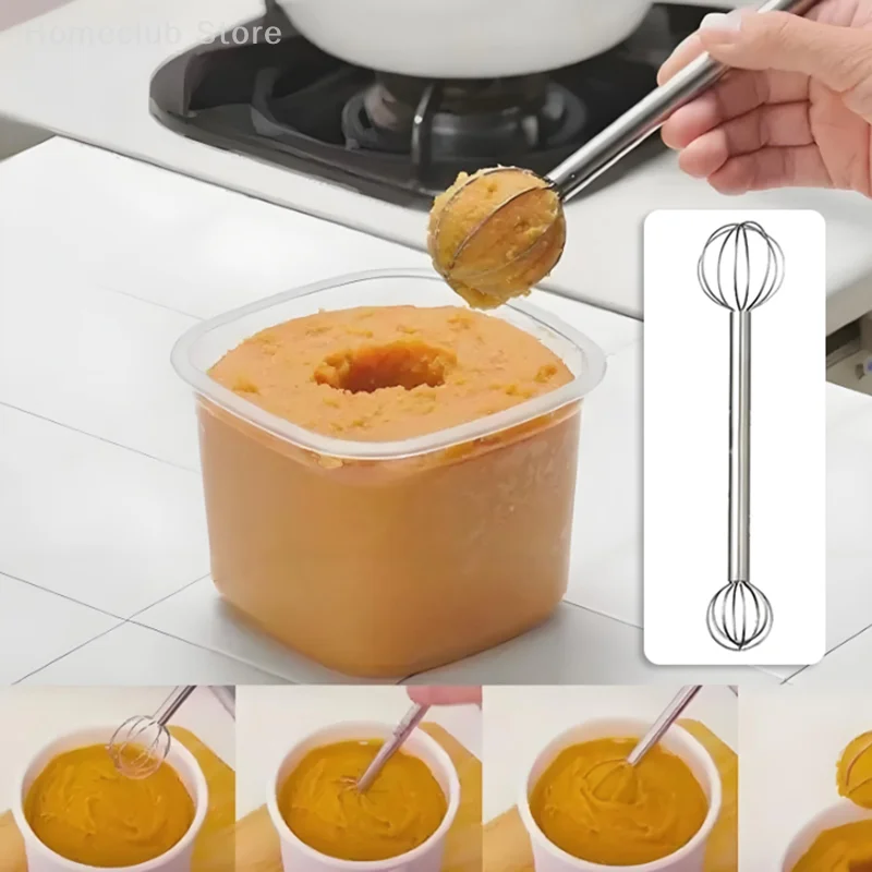 Varilla agitadora de doble cabezal de acero inoxidable, batidor para hornear huevos, salsa miso, cuchara mezcladora, batidor de salsa, herramienta de mantequilla sólida, 1 ud.