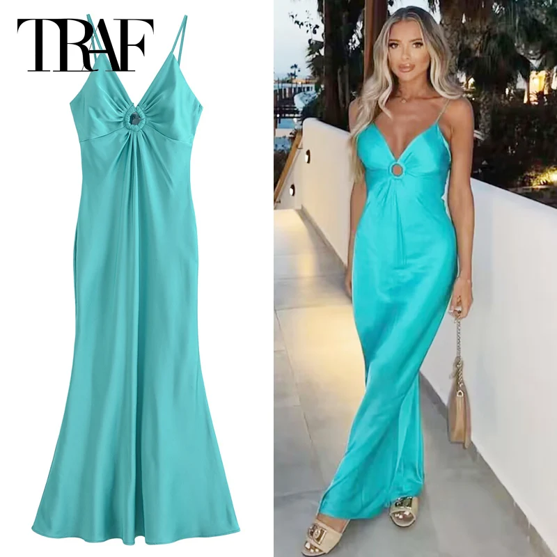 

TRAF Long Party Dresses Women Satin Cutwork Slip Dress Summer One-Piece Dress Fashion Dresses 2024 Luxury Women's Elegant Dress