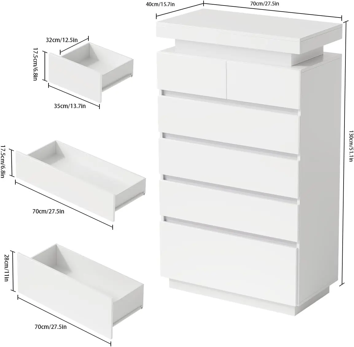 6 Drawer Dresser For Bedroom With Led Lights, White Modern High Gloss Chest Of Drawers For Closet, Tall Drawer With Adjustable