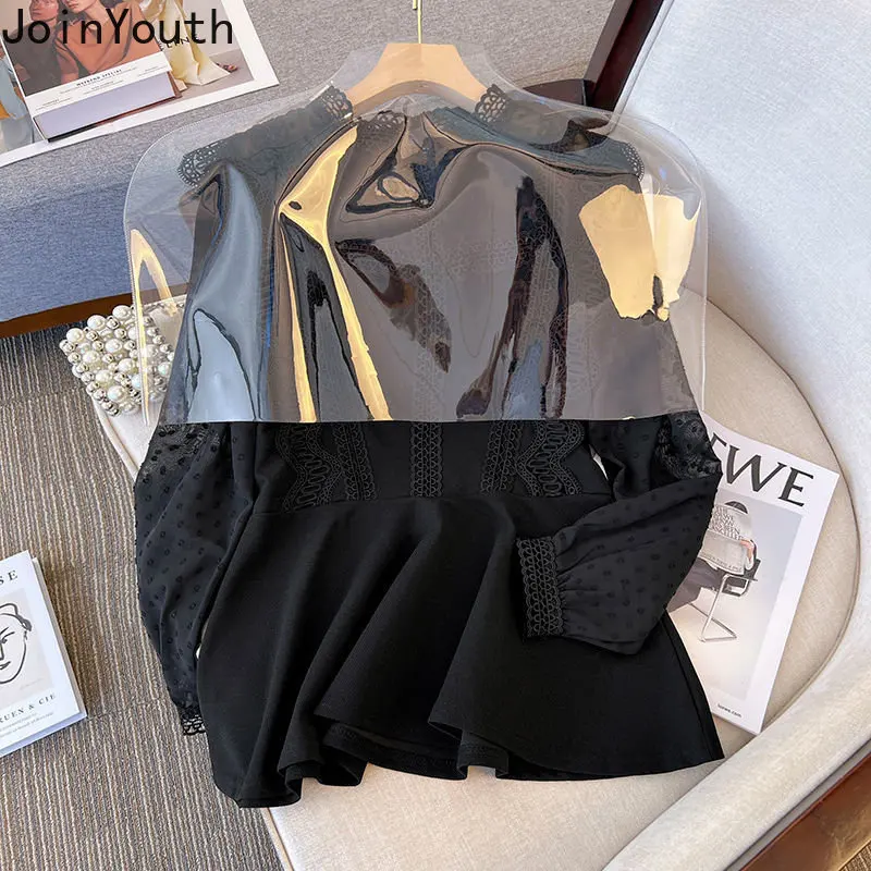 Oversized Shirts Women 2023 Blusas Mujer De Moda Patchwork Chiffon Polka Dot Blouses Sweet Lace See Throught Black Blouse Tops