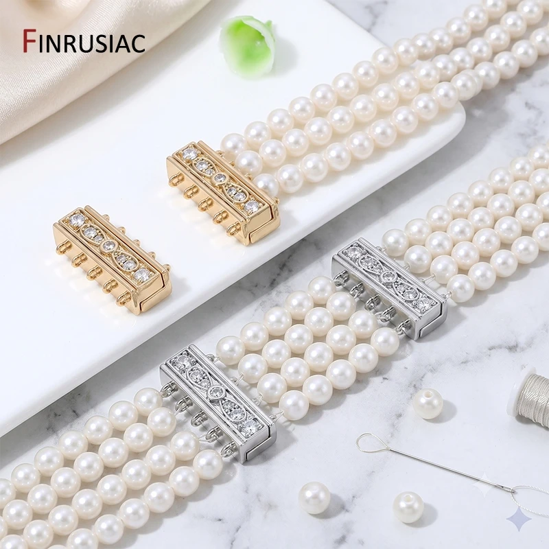 14K Gold Plated Brass Multi-Strands Magnetic Clasps,Zircon 5-Rows Layered Connector Clasps For DIY Jewelry Making Accessories