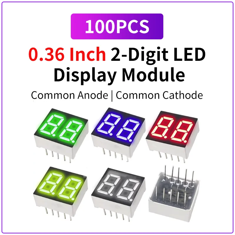 100PCS 0.36 Inch 2-Digit LED Display Red/Green/White/Blue 3621BS/BH Common Anode 3261AS/AH Common Cathode