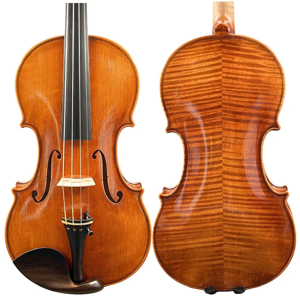 4/4 Full Size Guarneri Replica Violin, Hand‑Carved Solid Spruce Top with Rare Bear‑Claw Figure, High Flamed Maple Back, Vintage