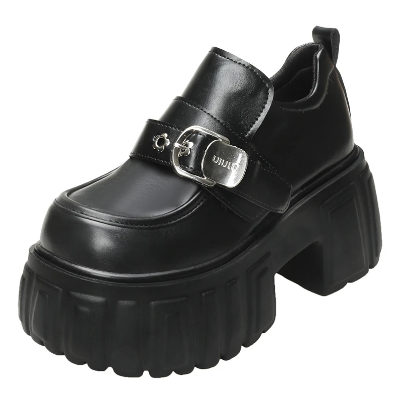 

8.5CM Heels Chunky Sneakers New 2025 Spring Leather Pumps Comfortable Slip-on Casual Shoes High Platform Buckle Sports Sneakers