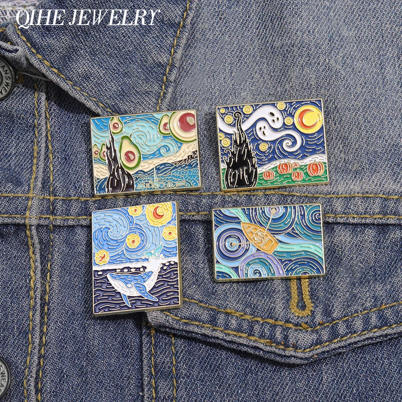 Oil Painting Enamel Pin Brooch Famous Artist Van Gogh Art Moon Sky Wave Spooky Brooch Lapel Badges Jewelry Backpack Accessories