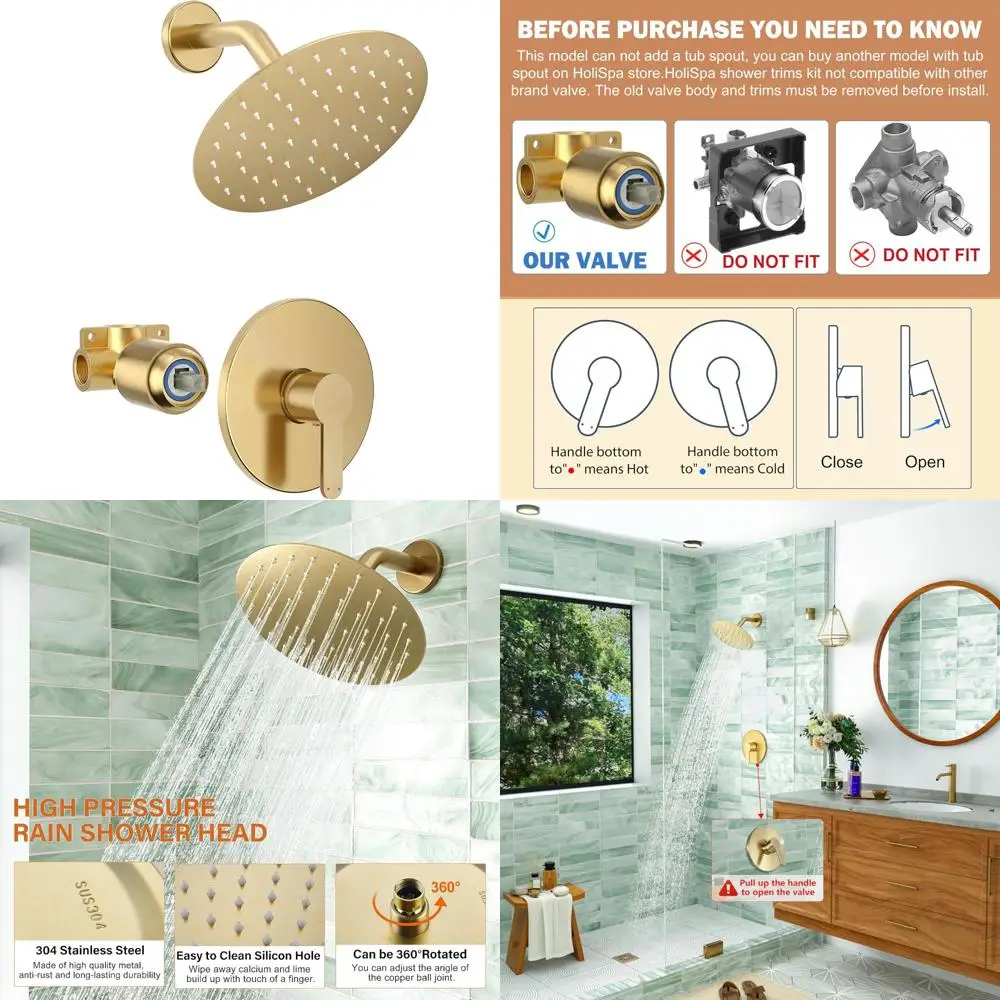 

Gold Single-Handle Shower Faucet Set with 8-Inch Rainfall Head, Includes Valve, Brushed Gold Finish, Modern Bathroom Shower Trim