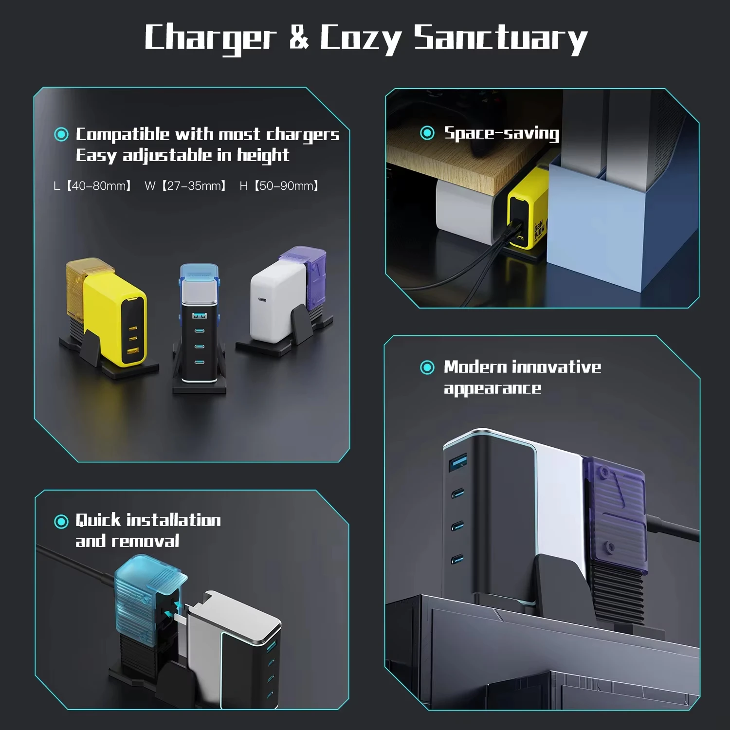 Kit de support d'adaptateur de bureau, prise américaine, station de chargeur GaNs avec rallonge femelle à mâle pour chargeur Ugreen CUKTECH 140W Gan