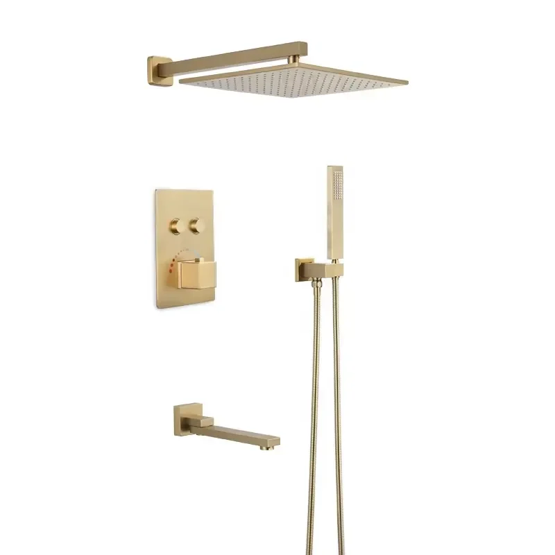 Brushed Gold Brass Modern Bathroom Thermostatic Shower Combo Set with Easy Installation and 3-Year Warranty