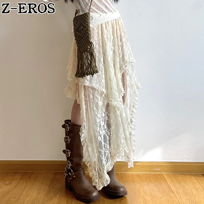 

Z-EROS Women's Summer Double layered Lace Asymmetric Half skirt Vintage Bohemian Aesthetics High Waist Lightweight Perspective