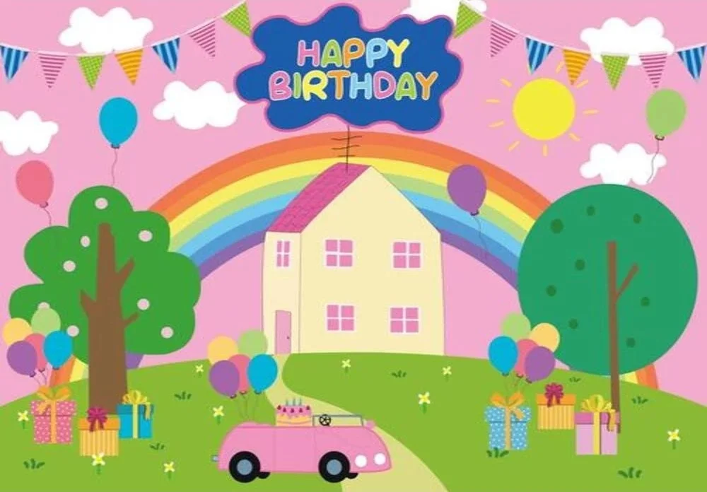 Primavera 1 ° compleanno Kid Background Baby Shower Tree Balloon Blue Banner Pig House sfondo Photozone Photography Vinyl