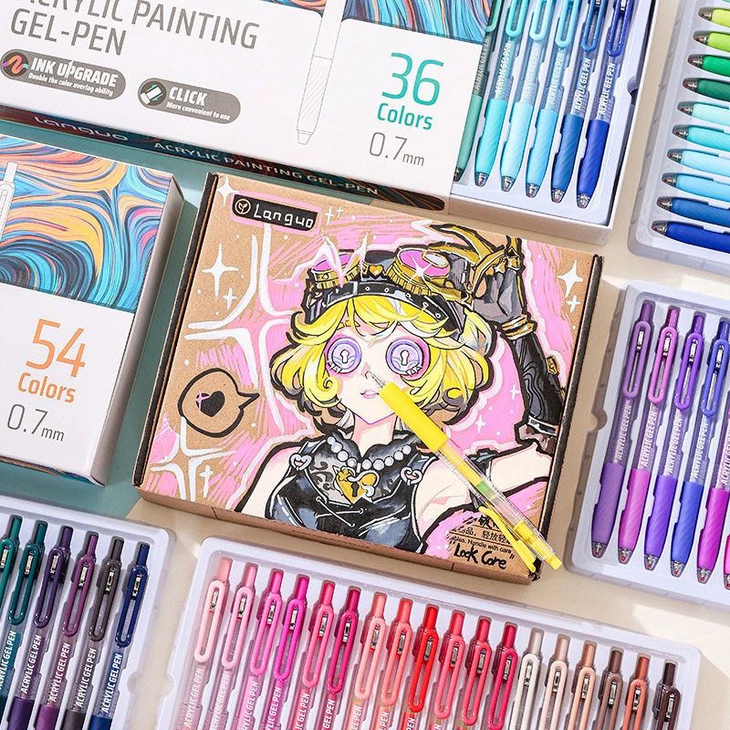 LANGUO 36/54/72/90 ألوان أكريليك اللوحة هلام أقلام قابل للسحب 0.7 مللي متر تلميح كتيب القلم للطلاب اللوحة الكتابة على الجدران
