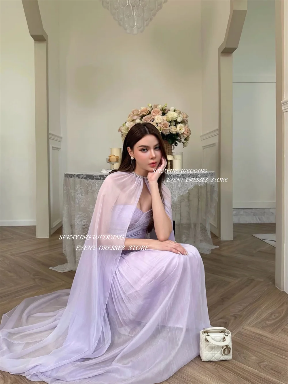 Vestido de noche de gasa morado de hadas SPRAYING, vestido de fiesta con capa de corazón, vestido hasta el tobillo para ocasiones especiales personalizado