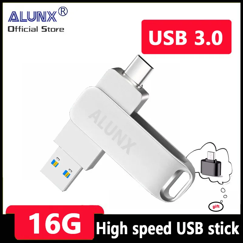 ALUNX 100% 정품 펜드라이브 OTG 타입 C USB 3.0, 512Gb, 32Gb, 64Gb 금속 USB 플래시 드라이브, 128Gb 펜 드라이브, 256 Gb, 8Gb USB 스틱, 16 Gb