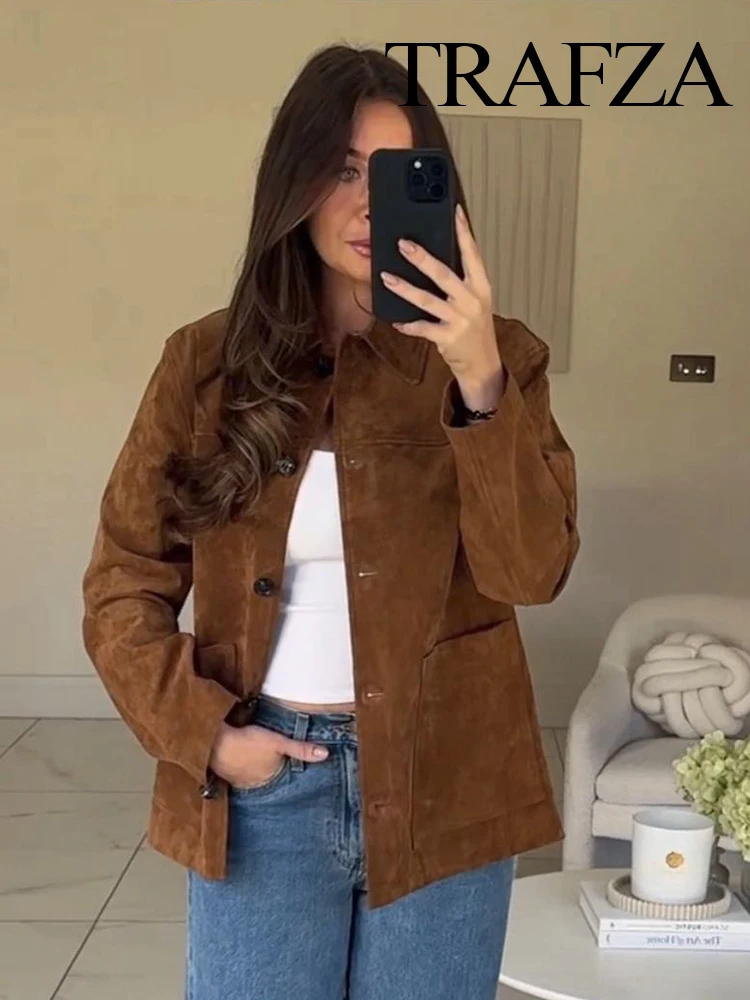 

TRAFZA Women Autumn Fashion Reverse Velvet Lapel Long Sleeve With Pockets Coat Female Chic Single-breasted Casual Jacket Mujer