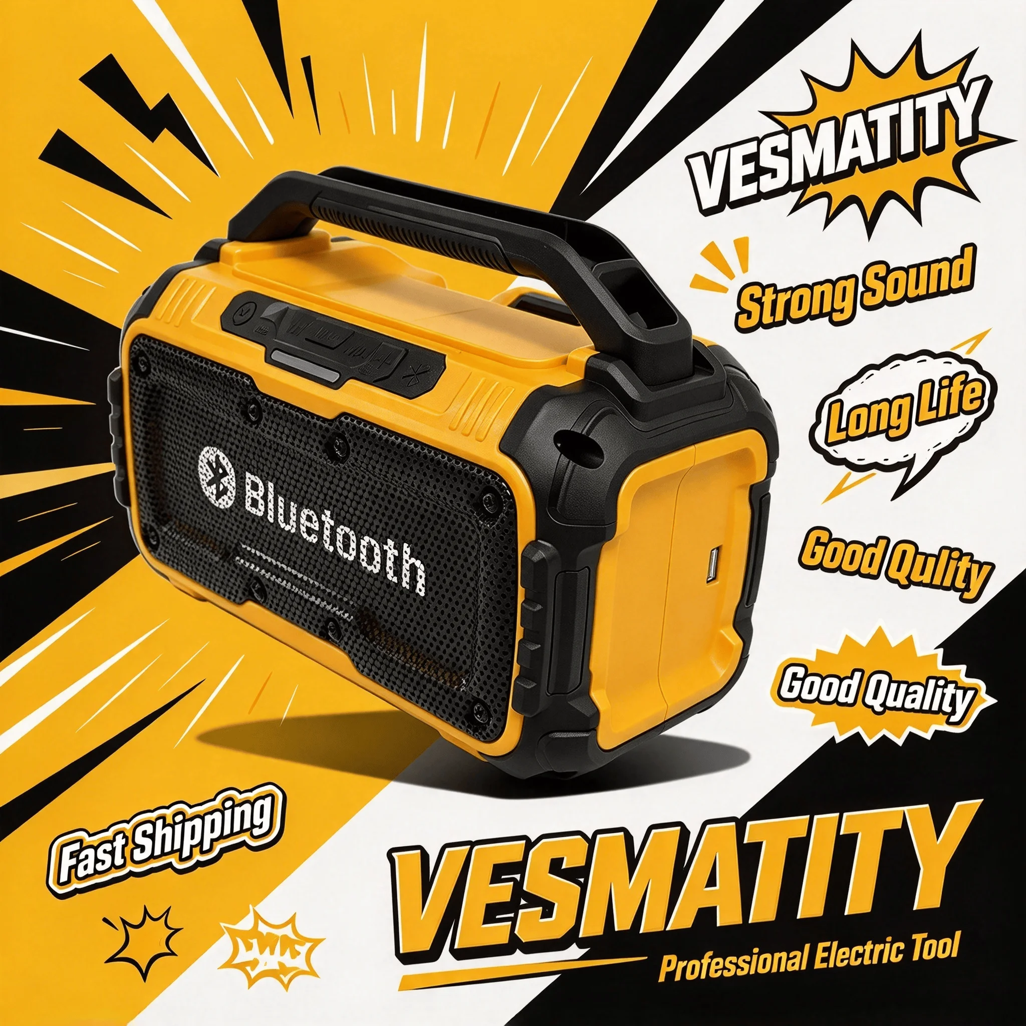 VESMATITY Wireless Bluetooth Speaker USB Type C Waterproof Stereo Surround Loudspeaker for Dewalt Battery Pro Max Speed
