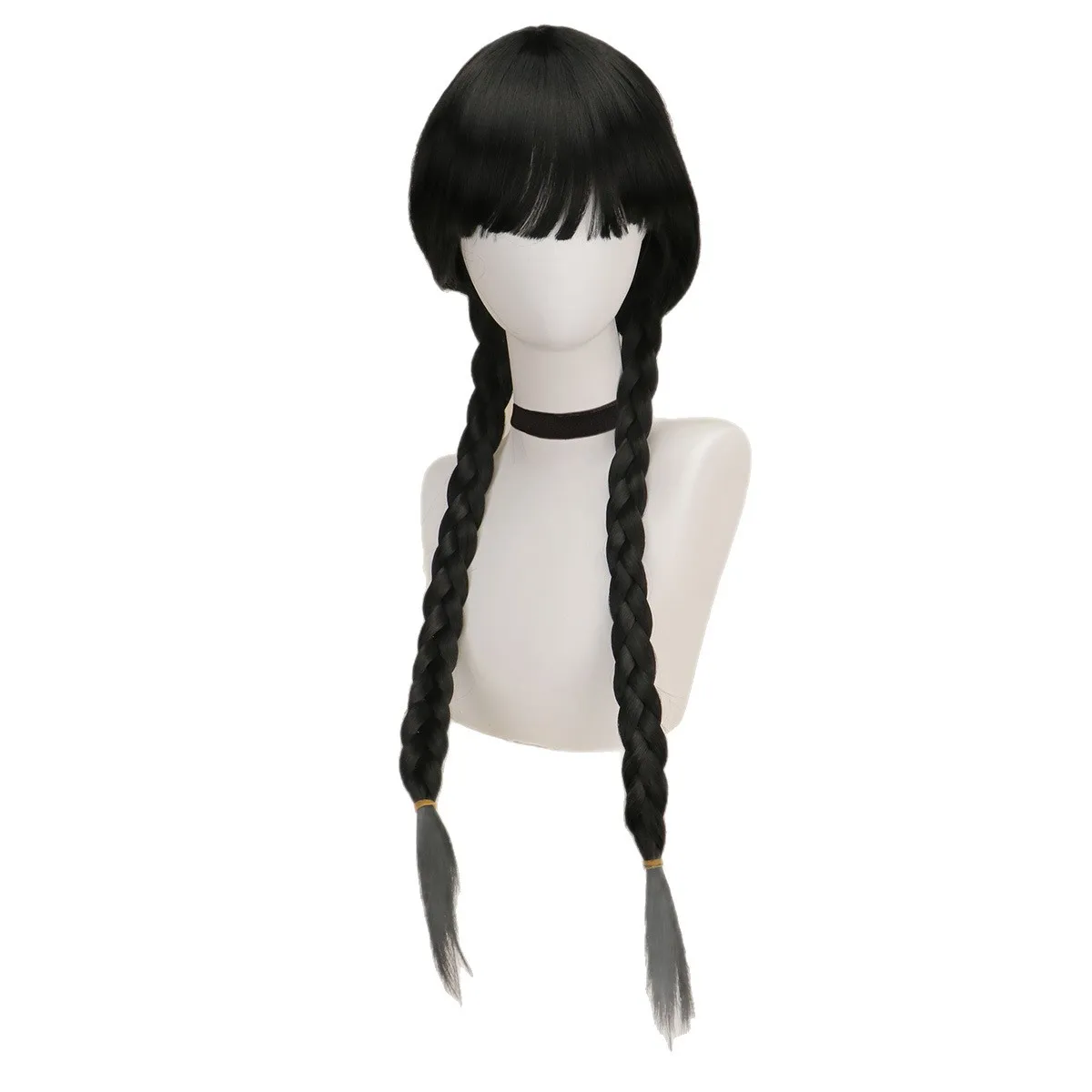 1 peça de trança dupla de massa frita preta, cabeça de bobo, peruca de dramatização da família Adams no quarta-feira