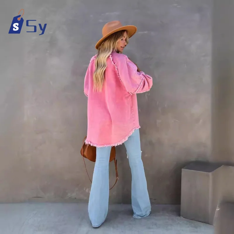 Sy 2024 New Broken Color Denim Jacket Ladies Comfortable Casual Loose Button Cardigan Coat Streetwear Women's Outerwear