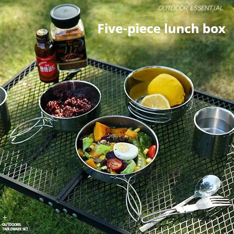 Outdoor Five Piece Lunch Box Camping Stainless Steel Cup Bowl Hiking Picnic Barbecue Travel Fishing Tableware Camping Supplies