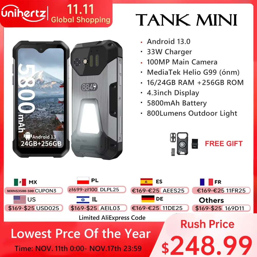 Unihertz Tank Mini Rugged 8849 Smartphone 4.3 Inch Small Cell Phone 16GB/24GB+256GB Android 13 5800mAh 100MP Cameras IP68 Phone