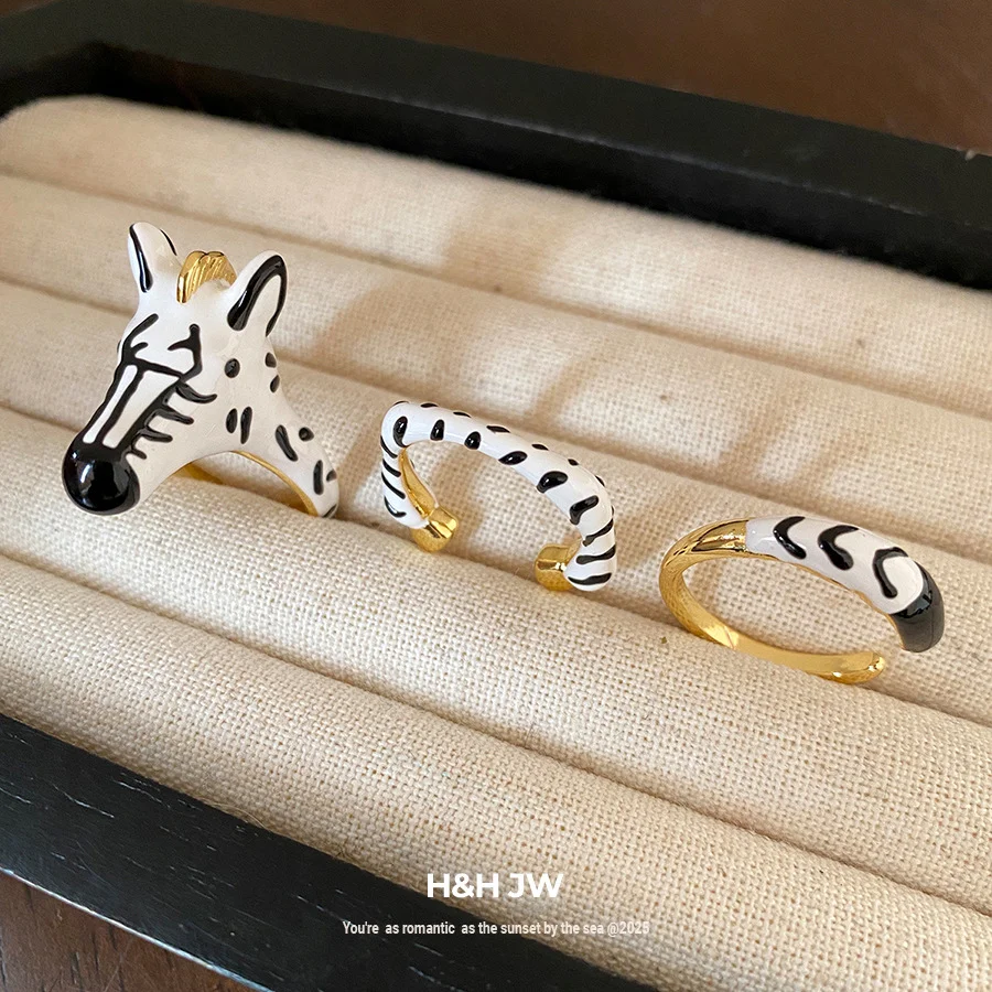 

3-Piece Vintage Zebra Print Open Ring Set 18K Gold Plated Enamel Adjustable Jewelry for Women