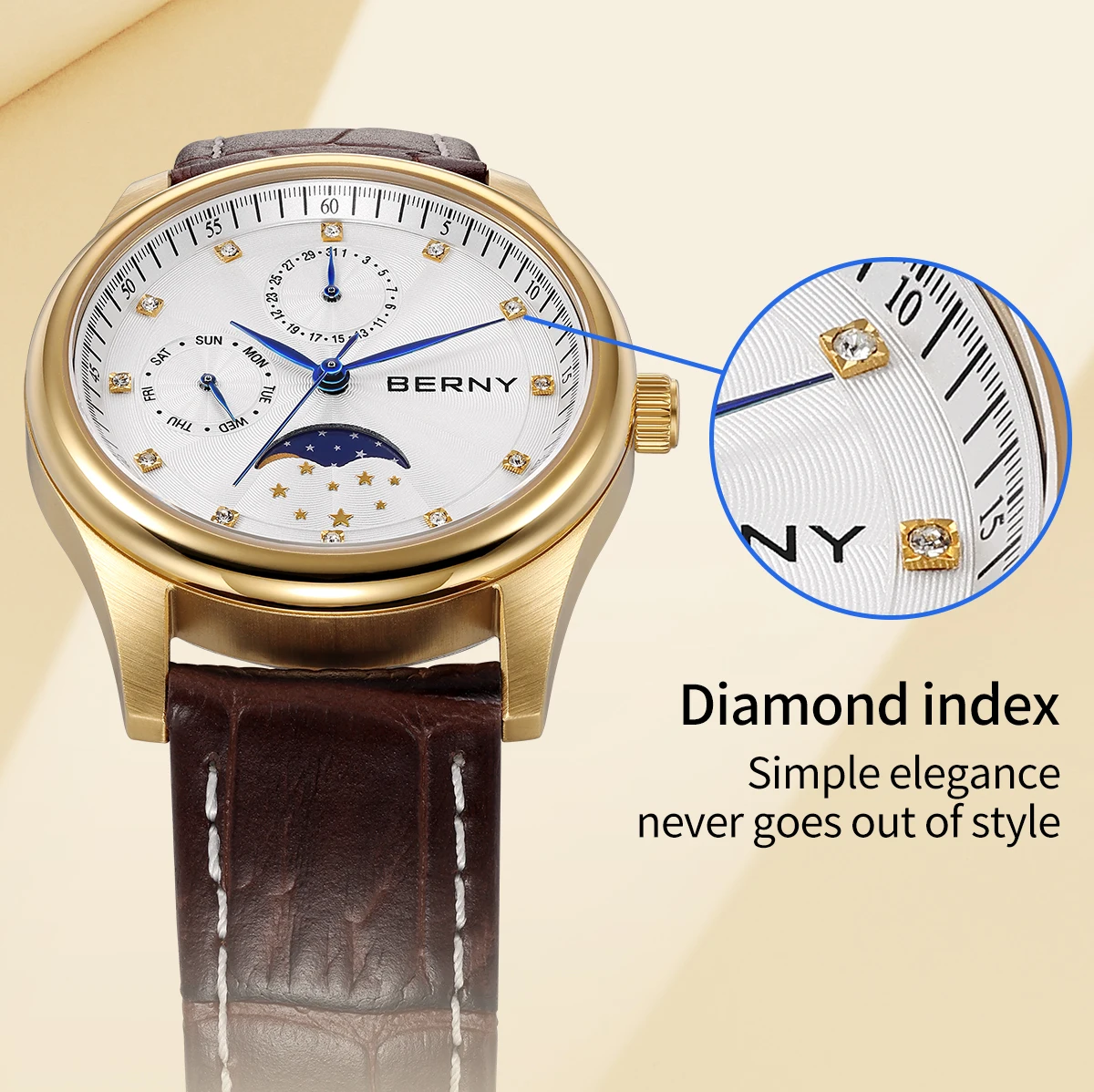 BERNY Damenuhren, Kalender, Datum, Woche, echte Mondphase, Quarz, Damenuhr, Lederarmband, elegante, lässige Damen- und Mädchen-Armbanduhr – Detail 5