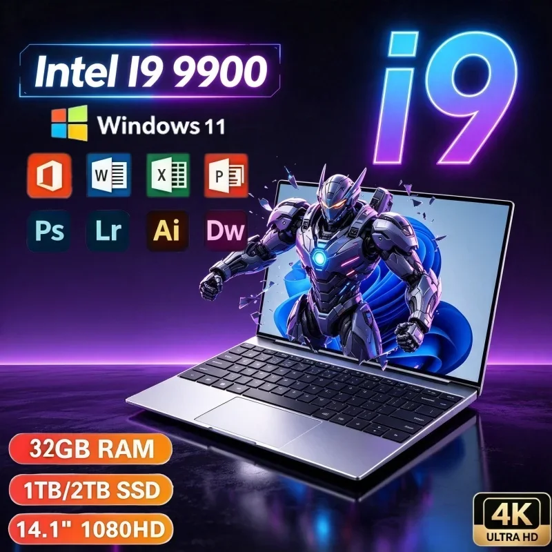 14.1'' Light Slim Laptop Intel I9‑9900 Windows 11 32GB 2TB SSD WiFi 6 BT5.2 High‑Speed Notebook For Business Class Gaming Study