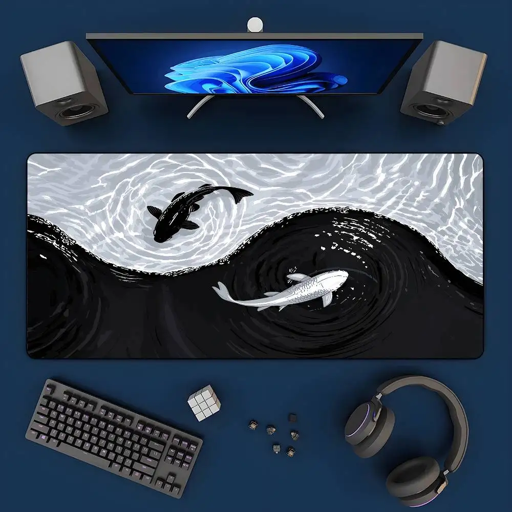Tai Chi Koi Patterned Gaming Mouse Pad Non-Slip Rubber Base Precision Stitched Edges Waterproof Rectangular Desk Mat Office Game