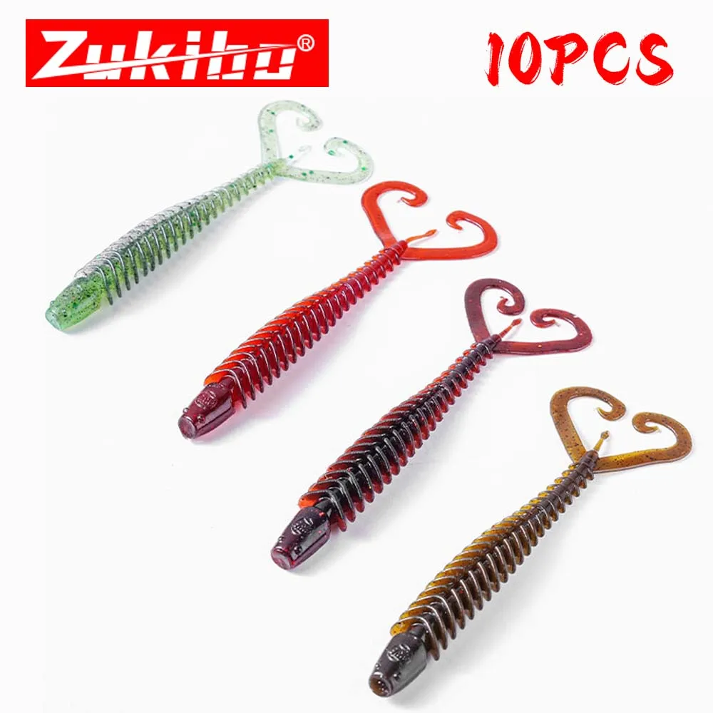 ZUKIBO New Ring Three Tail Fishing Lures 10pcs 79~89mmSoft Bait Lure Artificial Silicone Add Salts Slow Sinking Saltwater Lure