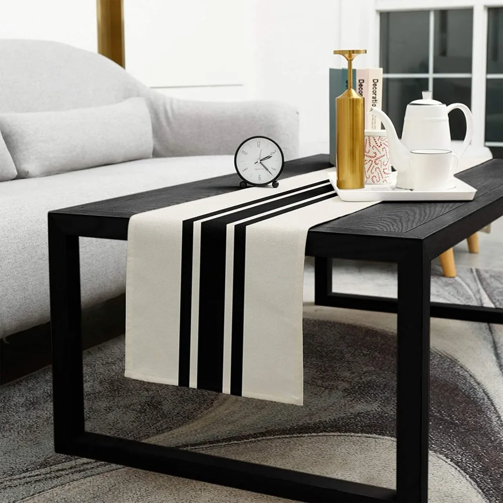 VIKAMA Modern Minimalist Black White Checkered Plaid Linen Table Runner for Dining Table Living Room Home Decor Kitchen