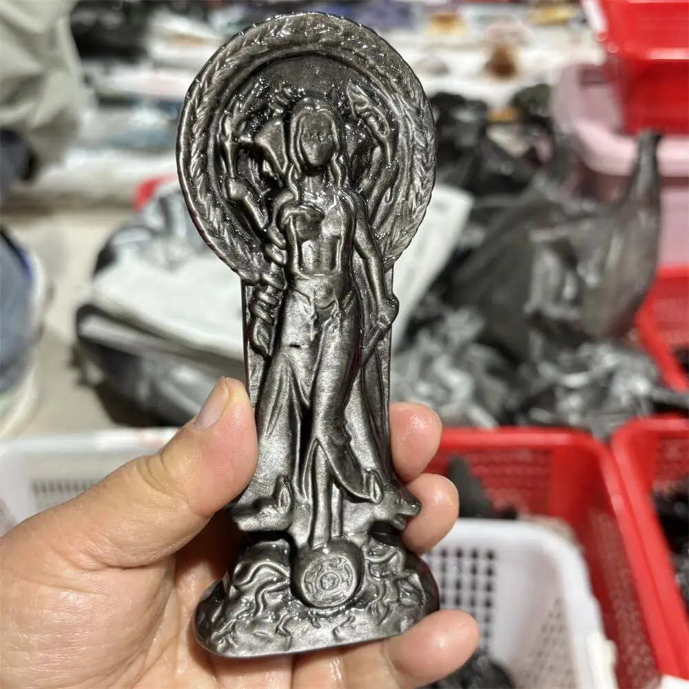1PCS Natural Quartz & Silver Obsidian Goddess Carving Home Decor Healing Crystal Unique Birthday Gift Craft