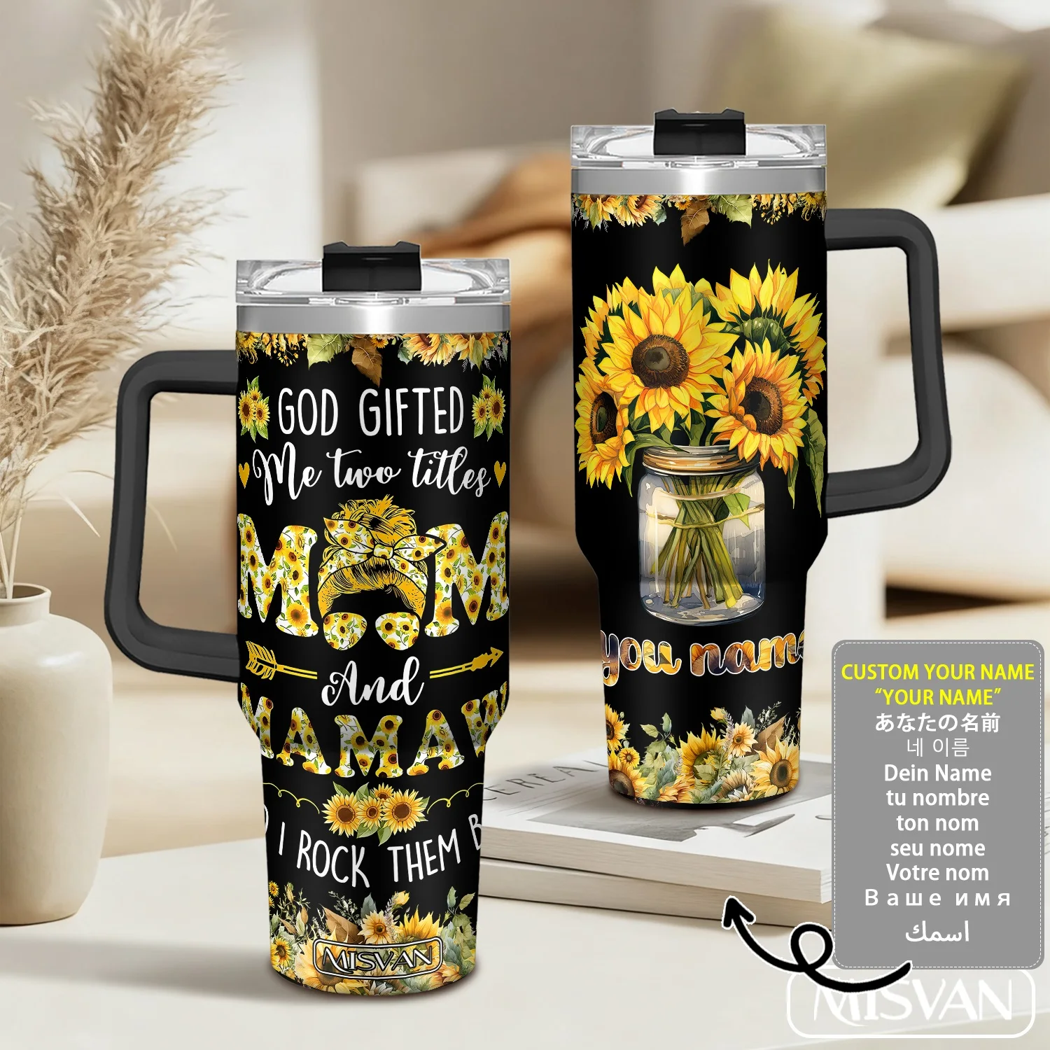 

1PC,40oz Custom Name,Sunflower Mom Mamaw Dual Titles Print.Insulated Stainless Steel Cup.Large Capacity,Portable for Car,Persona