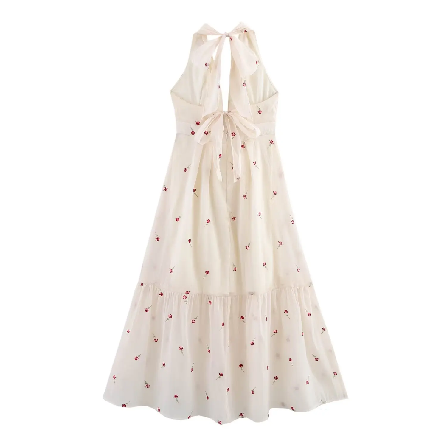 Rara 2025 nova chegada feminina halter pescoço gravata-back bordado em camadas midi vestido para primavera verão wear