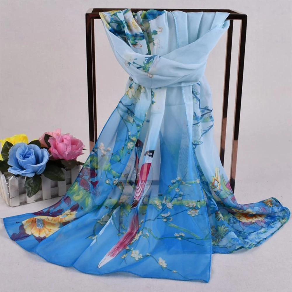 

Fashion Flower Print Long Chiffon Scarf Breathable Sun Protection Shawl Silk Long Soft Beach Scarves Women