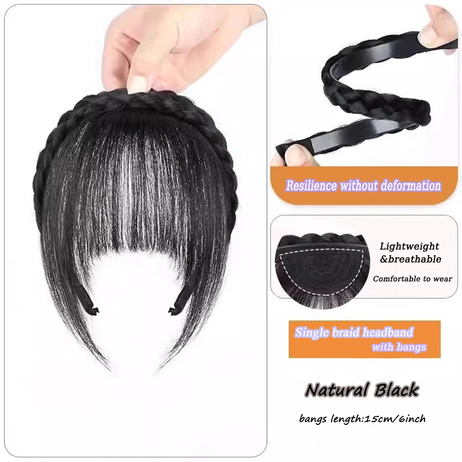 synthetic Braid Headband Bangs Synthetic Bangs Hair Extension Fake Fringe Natural Hair Clip on Hairpieces for Women