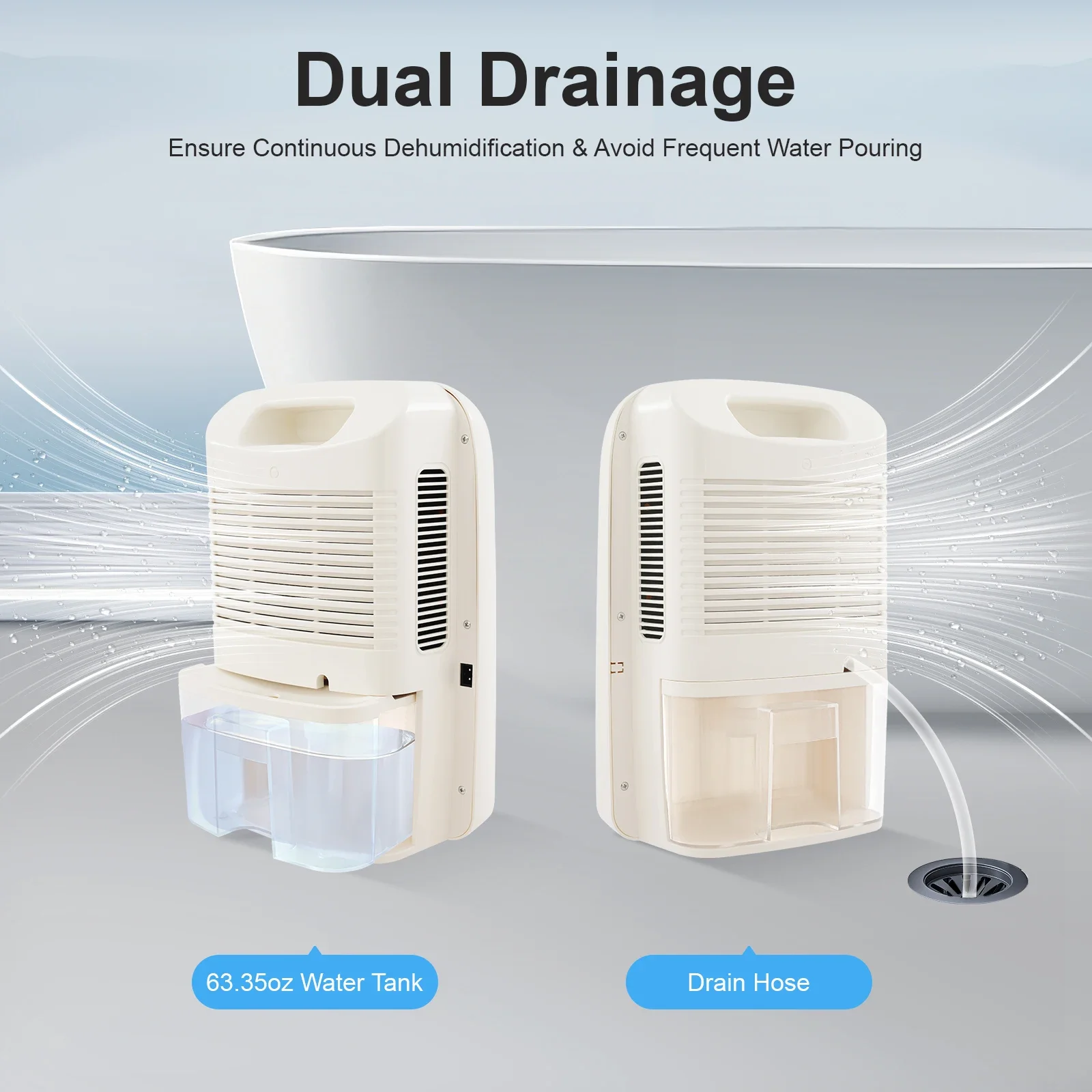 

Осушитель воздуха 42 Вт с 2 выпускными отверстиями, резервуар для воды 1,8 л, HD-дисплей, пульт дистанционного управления, бытовой осушитель, осушитель воздуха