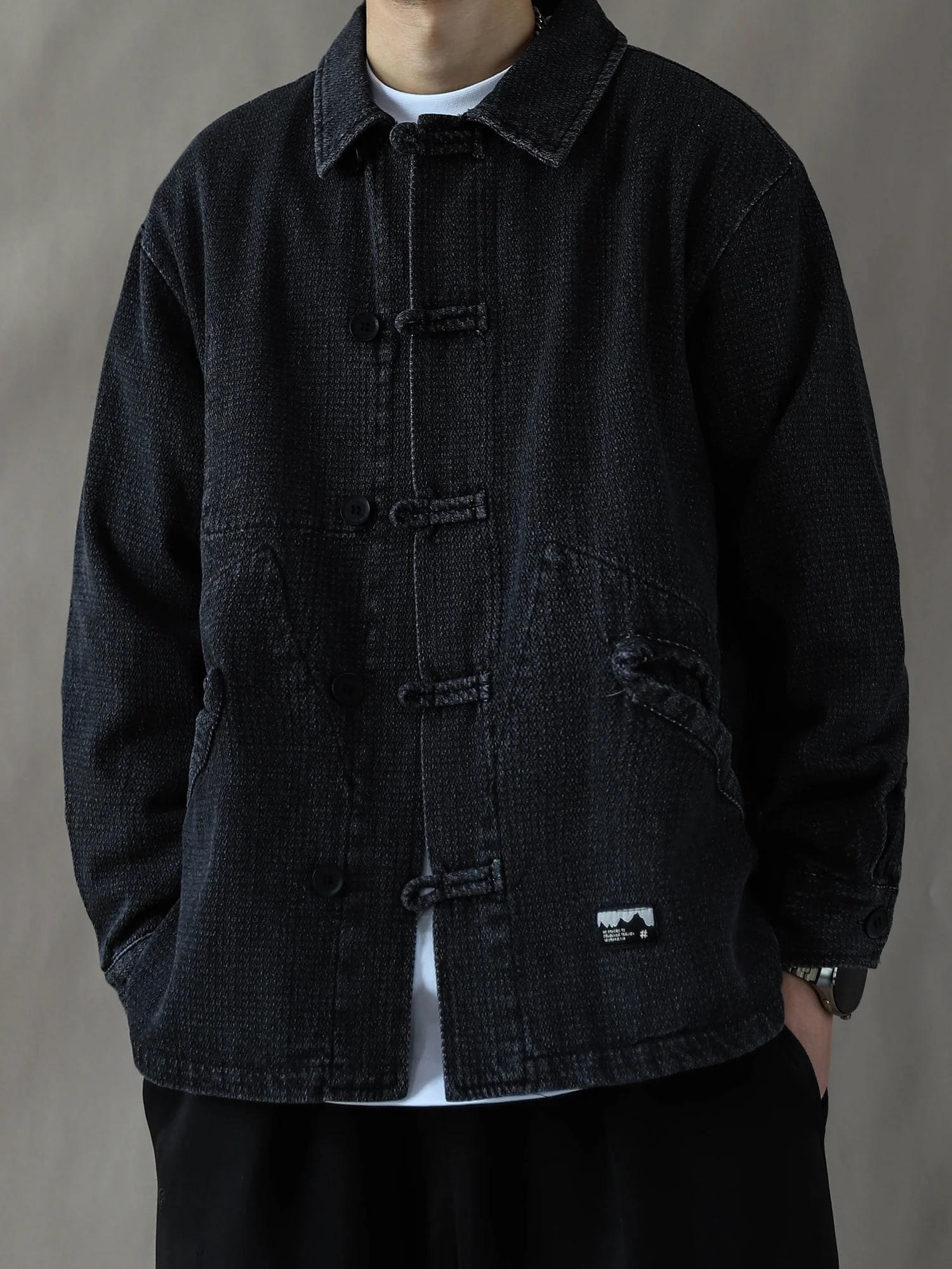 

Retro Waed Denim Jaet Men's Loose Fit Collared Coat Bla Spring Autumn Cotton Polyester Blend Long Sve Zipper Closure