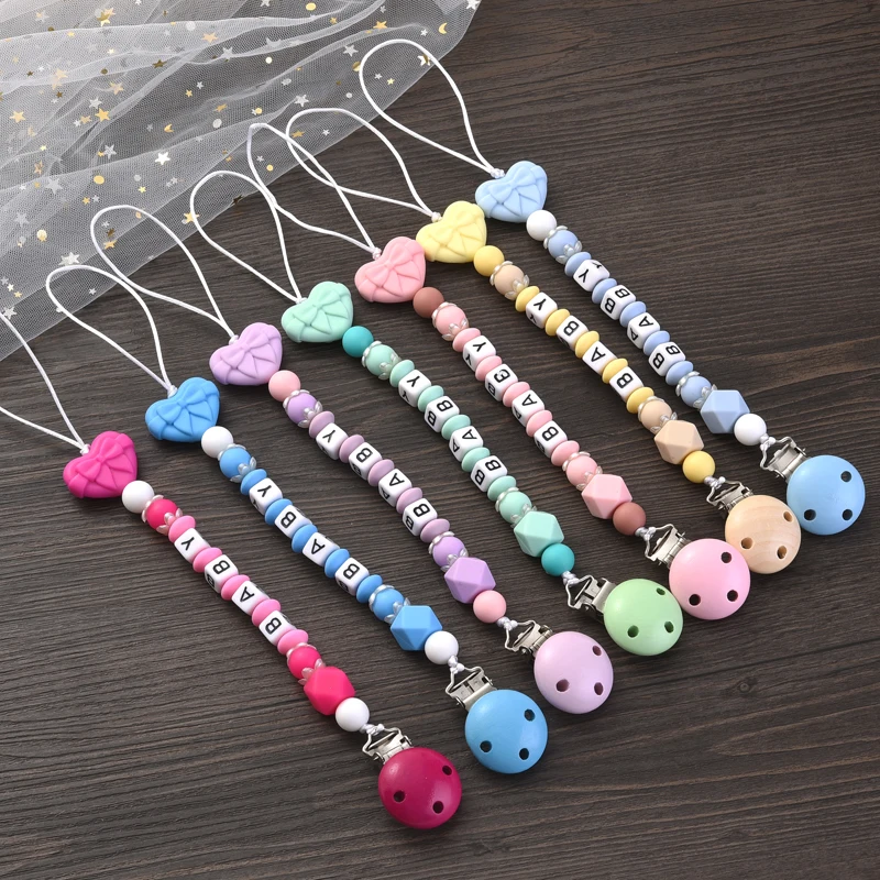 Colorful Wooden Baby Nipple Clip Personalized Name Heart Shape Silicone Beads Pacifier Chain For Care Chew Toy Baby Dummy Chain