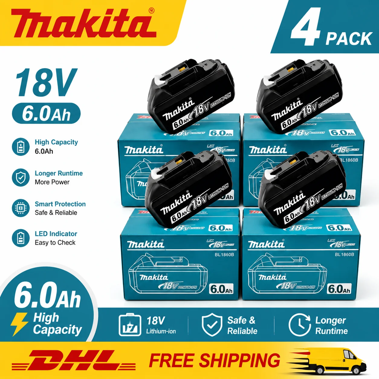 Batterie Makita 100% originale, batterie rechargeable 18V 6.0Ah, remplaçant les batteries Makita BL1830B L1840B L1850B L1860B, batterie pour outils électriques