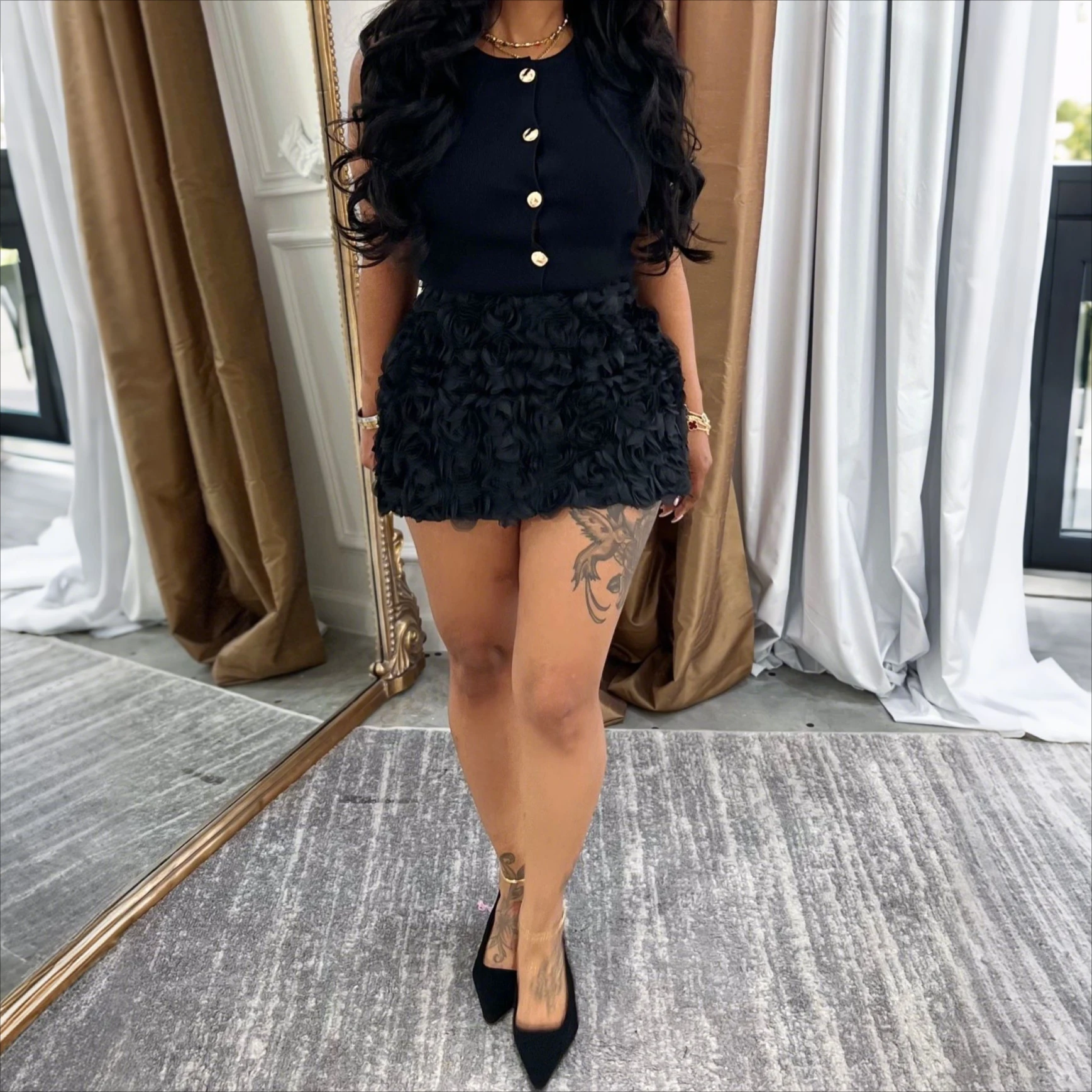 

Two Pieces Women Dress Sets Solid Matching Sets Button Round Neck Sleeveless Top Mini Length Bodycon 3D Floral Skirt 2025 Spring