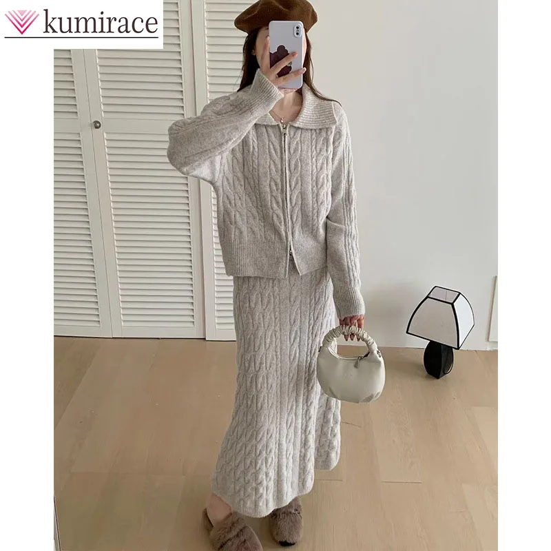 

Korean Fried Dough Twists Knitting Suit Women's New Loose Sweater in Autumn and Winter 2025 Cardigan Skirt Two-piece Set
