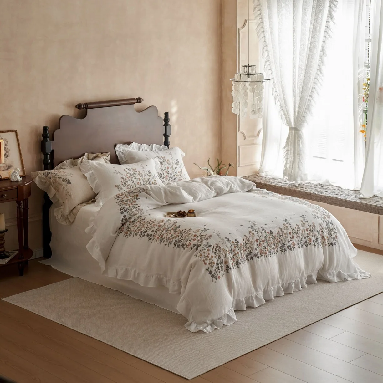 Pastoral Style White Embroidery Home Textiles Ruffles Comforter Duvet Cover 100% French Linen Bedding Set
