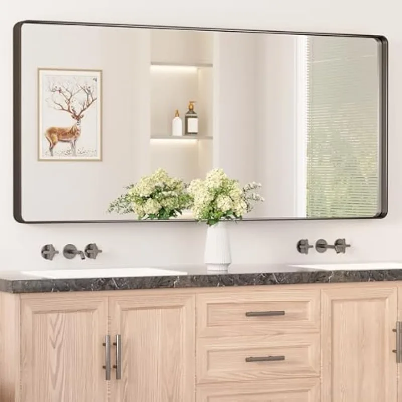

Black Metal Framed Bathroom Mirrors for Wall, 60” x 28” Large Rounded Rectangle Bathroom Vanity Mirror, Matte Black Mod