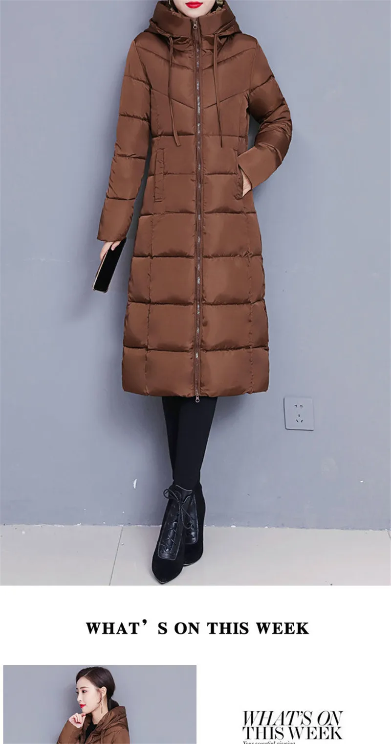 Winter 2023 New Down Cotton-Padded Jacket Long Loose Fashion Coat Thickened Outerwear Warm Zipper Hooded Solid Color Overcoat