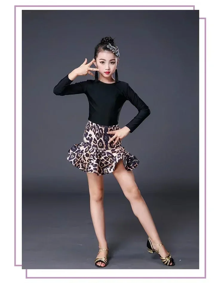 Vestido de baile latino de salón profesional para niños, vestidos de baile de salón para niñas, falda superior con estampado de leopardo, samba tango