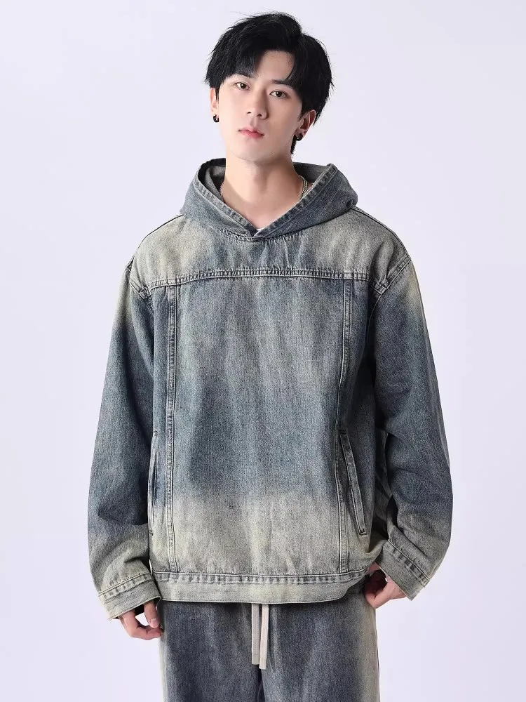 Fashion Men Denim Hooded Sweatshirt Tops Straight Jeans Two Piece Set Casual Streetwear Loose Fit Hip Hop Outfits Matching Sets