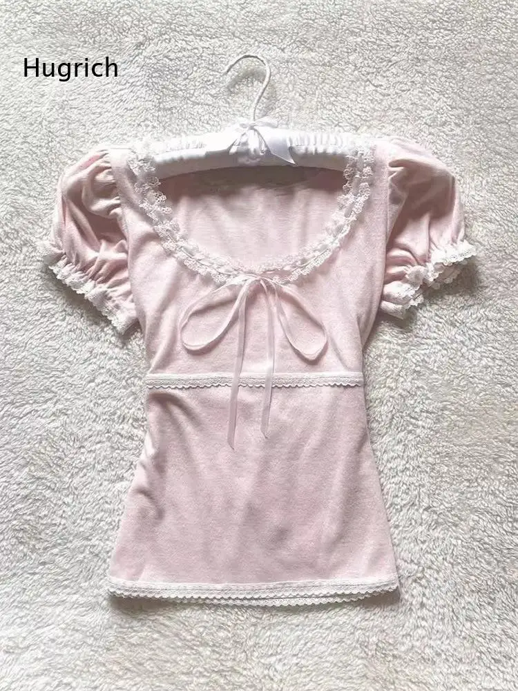 Women Puff Short Sleeve Blouse Square Neck Lace Trim Bow Decor Slim Fit Sweet Style Knit Top For Daily Casual Wear Dating Gather
